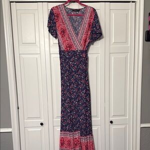 Floral V-Neck Maxi Dress - Pink and Blue